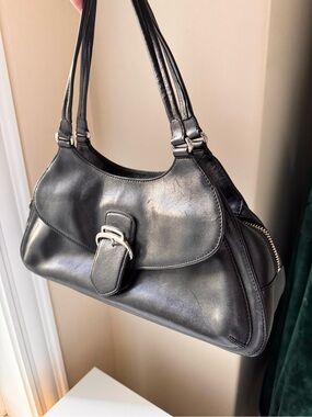 Cole Haan Black Leather Shoulder Bag with Buckle Accent